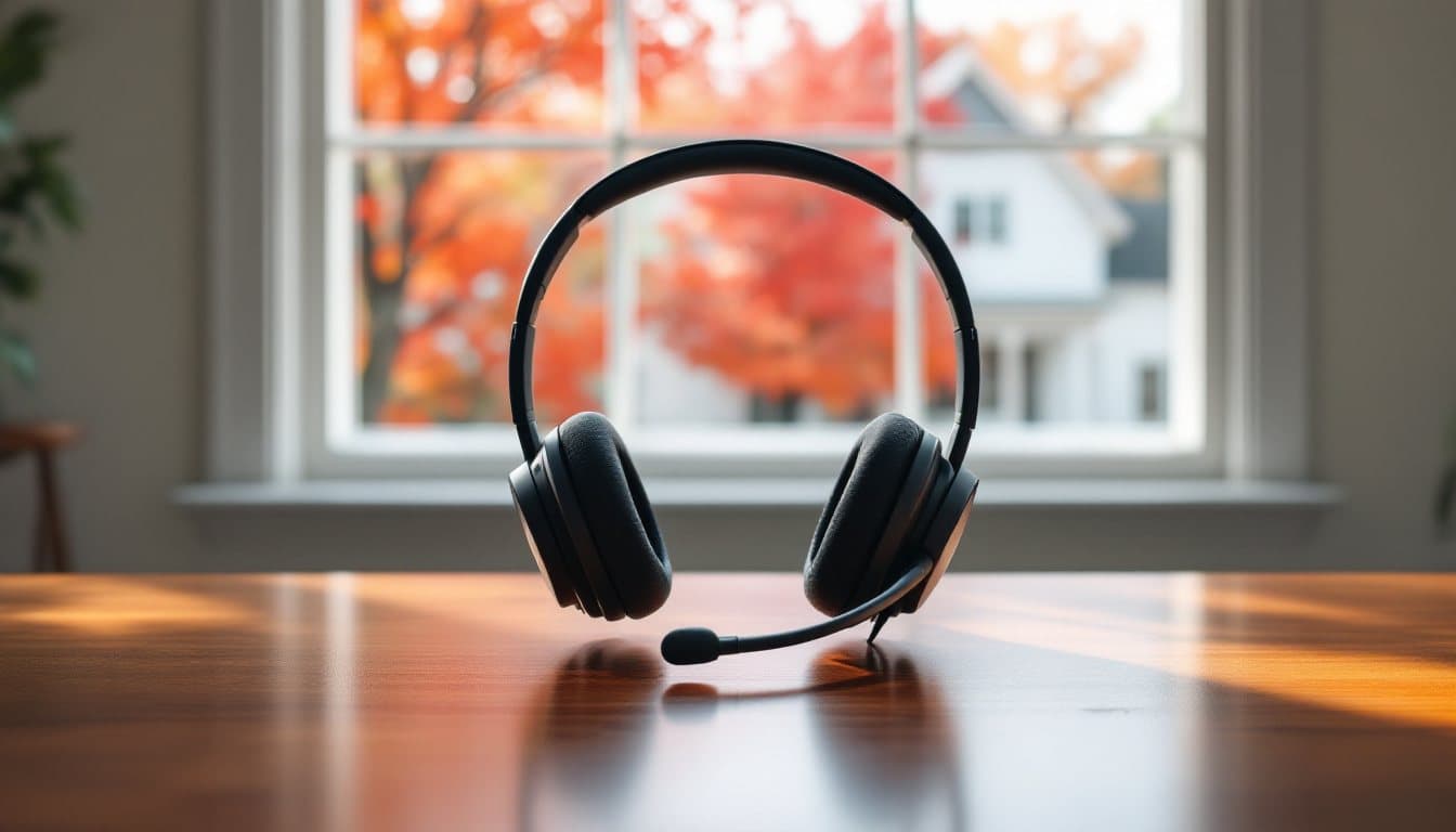 A headset on a cherry wood desk with a white clapboard house and autumn maples outside