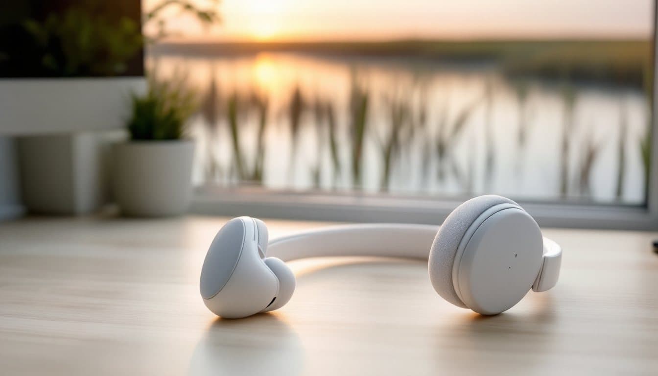 A headset on a wooden desk by a window overlooking a calm salt marsh at sunrise