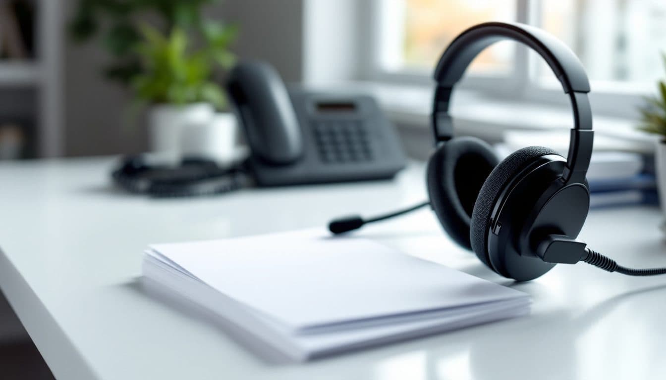A black office headset beside a stack of blank white cards, with a desk telephone out of focus behind it