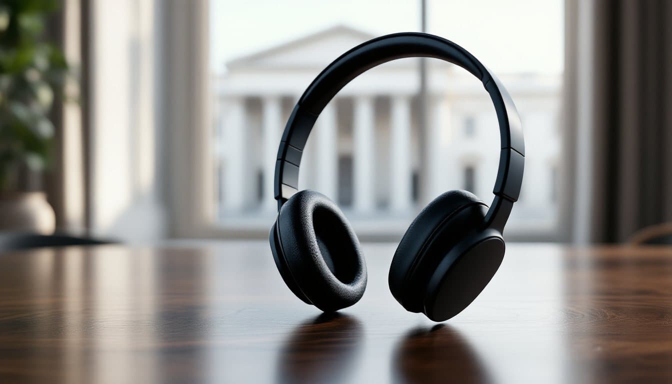 A headset on a walnut desk with a white columned stone building outside the window