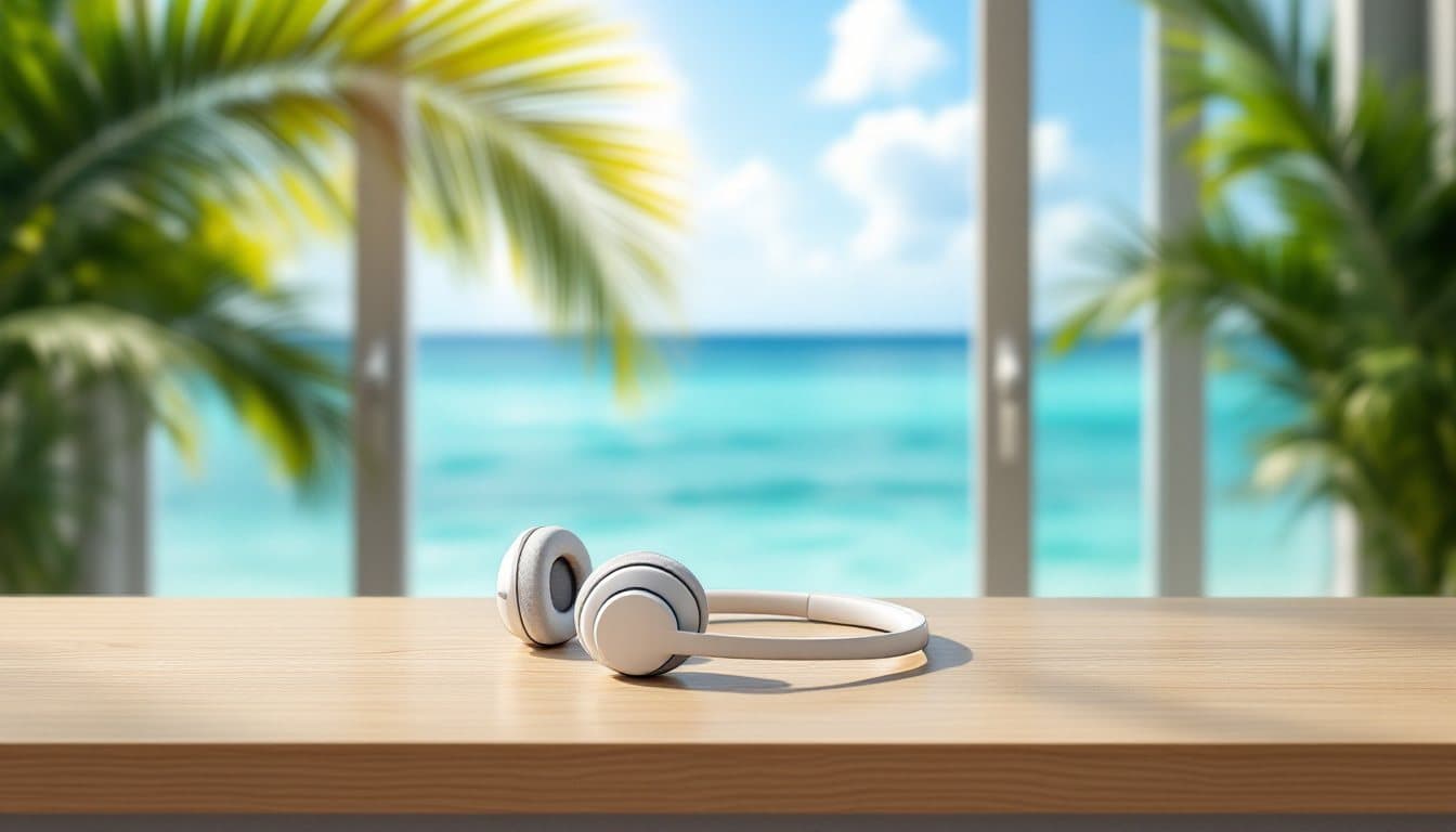A headset on a reception counter with palm fronds and turquoise water through glass doors