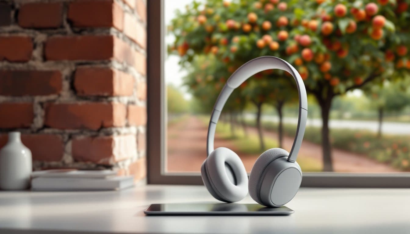 A headset on a desk by a brick wall with peach trees along a red clay road outside