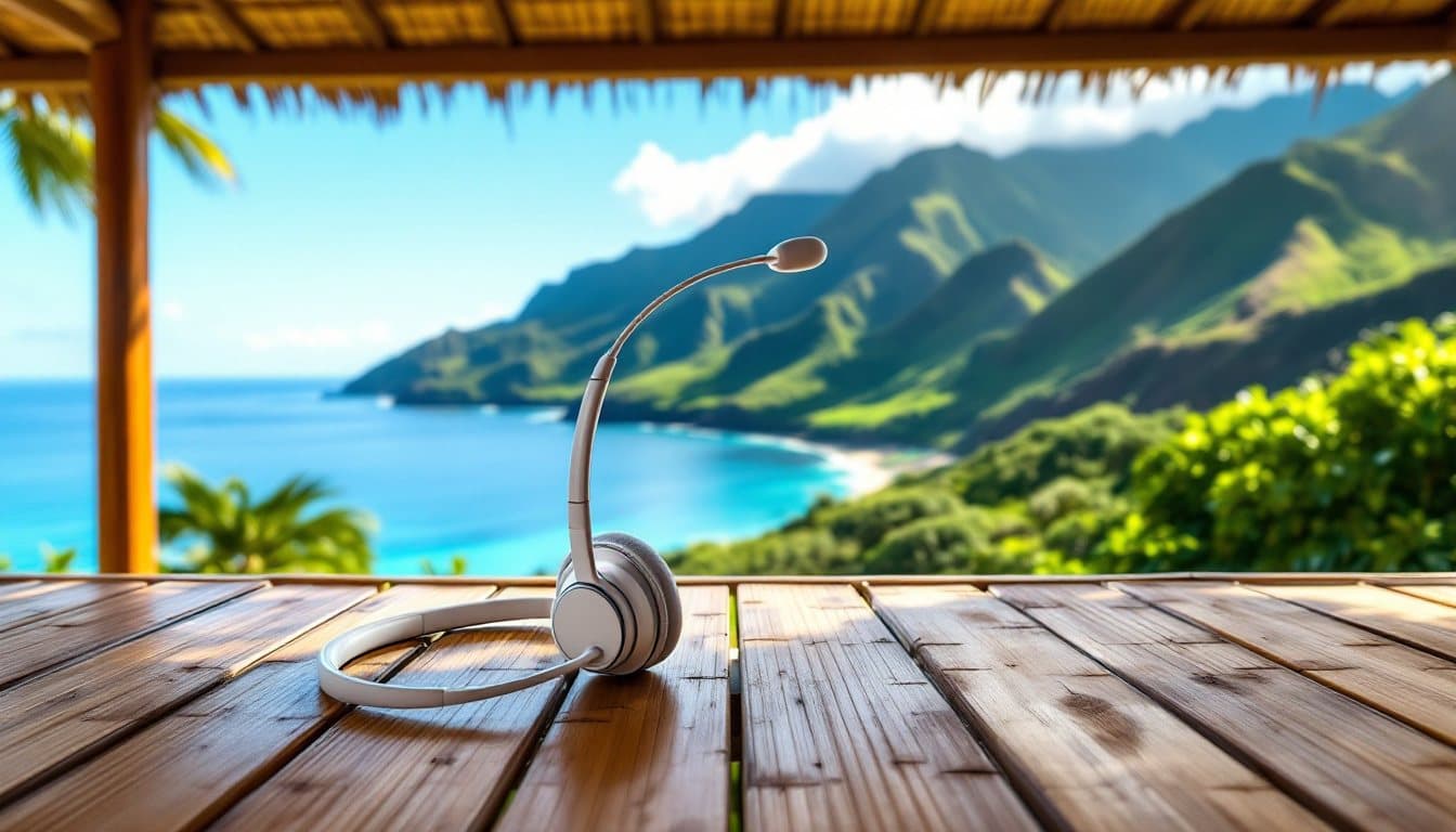 A headset on a bamboo table on a covered lanai with green volcanic ridges and the ocean beyond