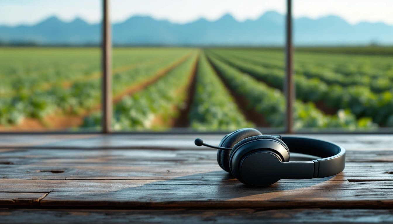 A headset on a farm office desk with potato fields and distant mountains outside