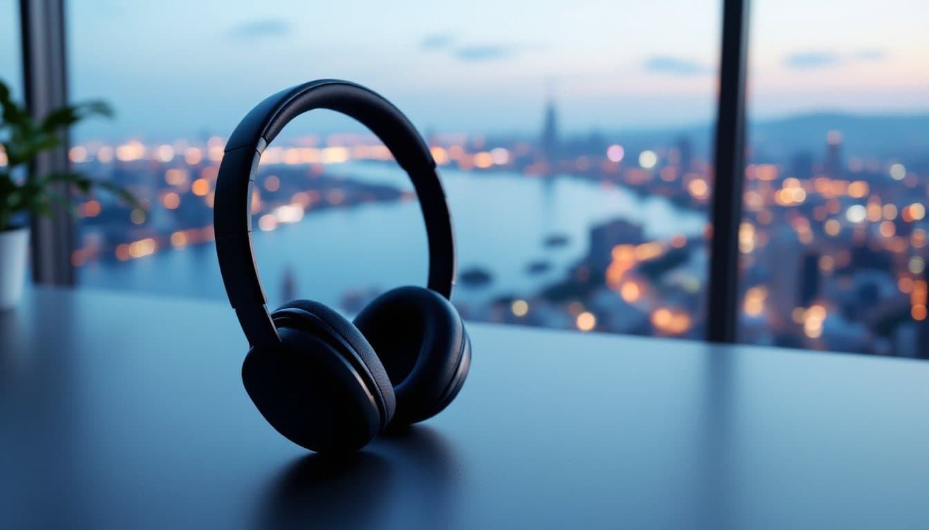 A headset on a desk in a high-rise office with a city skyline and a lake shoreline outside