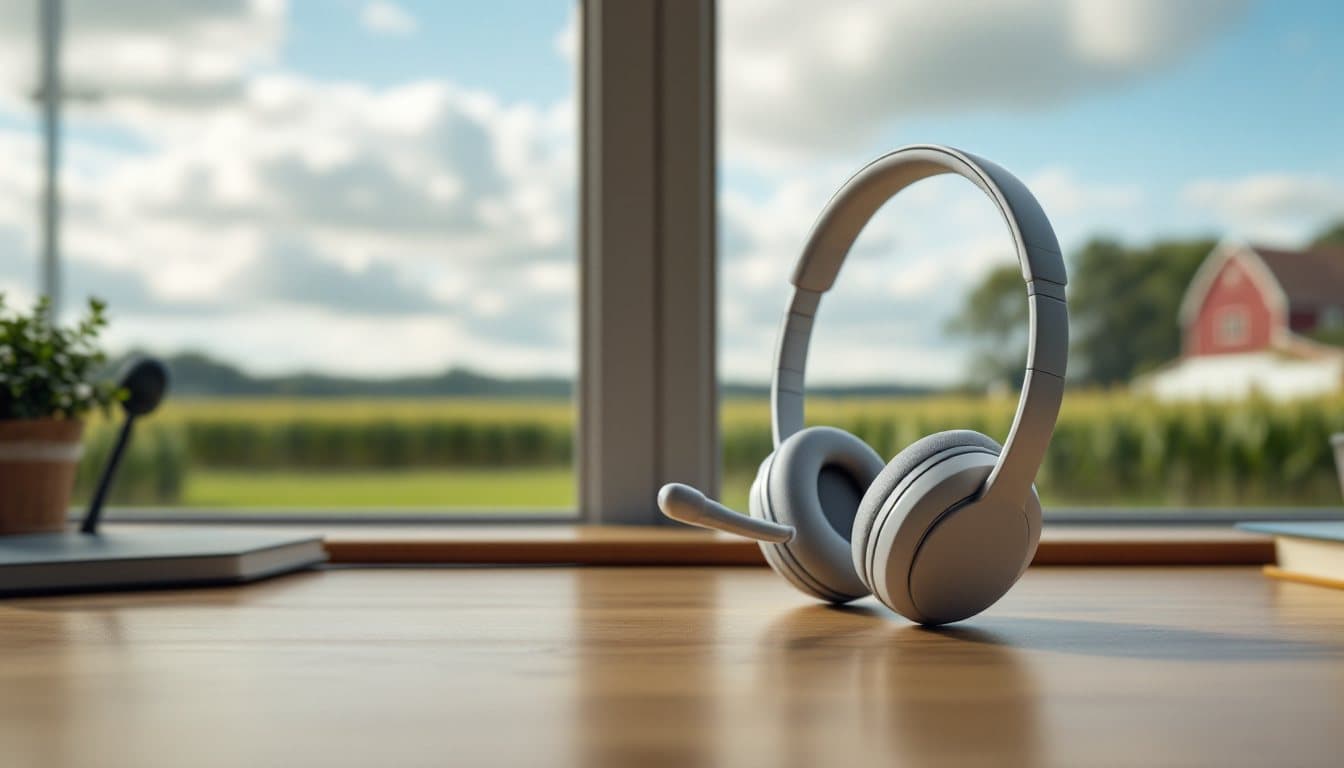 A headset on a maple desk with cornfields and a red barn outside the window