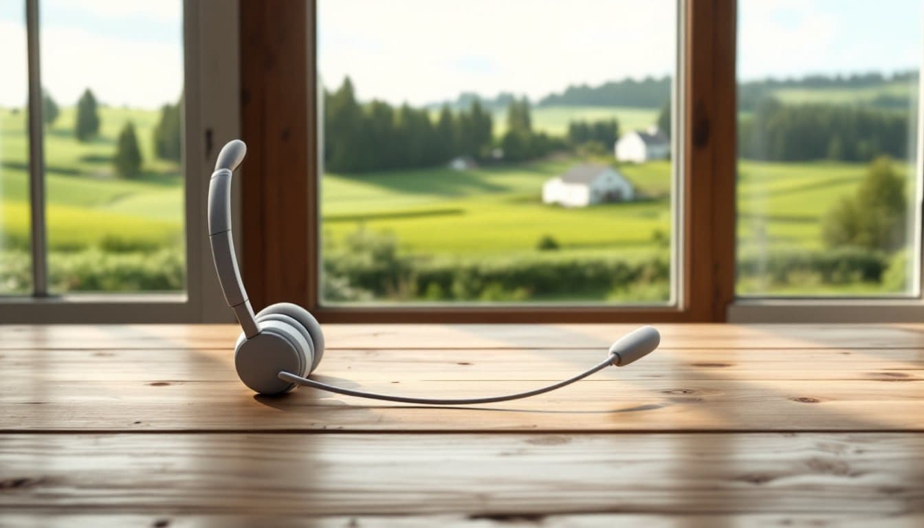 A headset on a farmhouse table with rolling green farmland and a white farmhouse outside