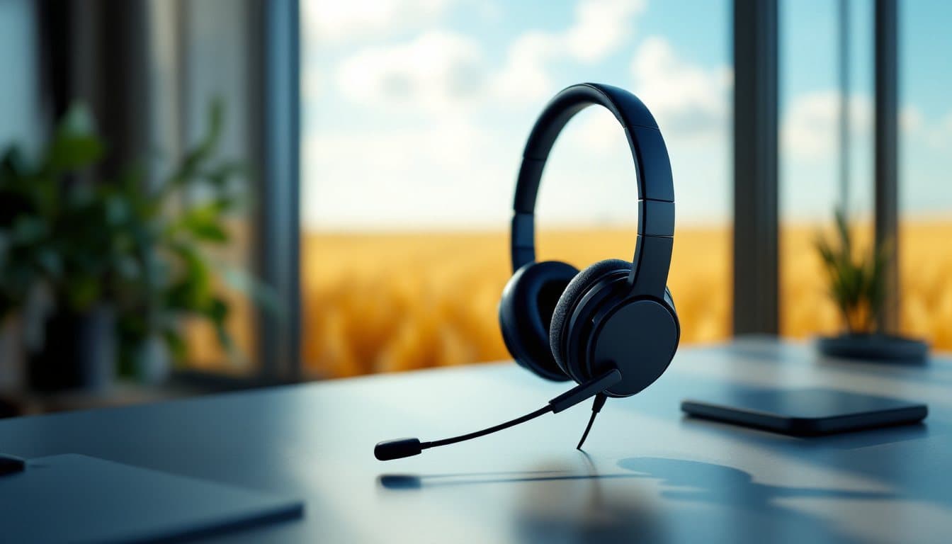 A headset on an office desk with golden wheat fields under a wide sky outside the window