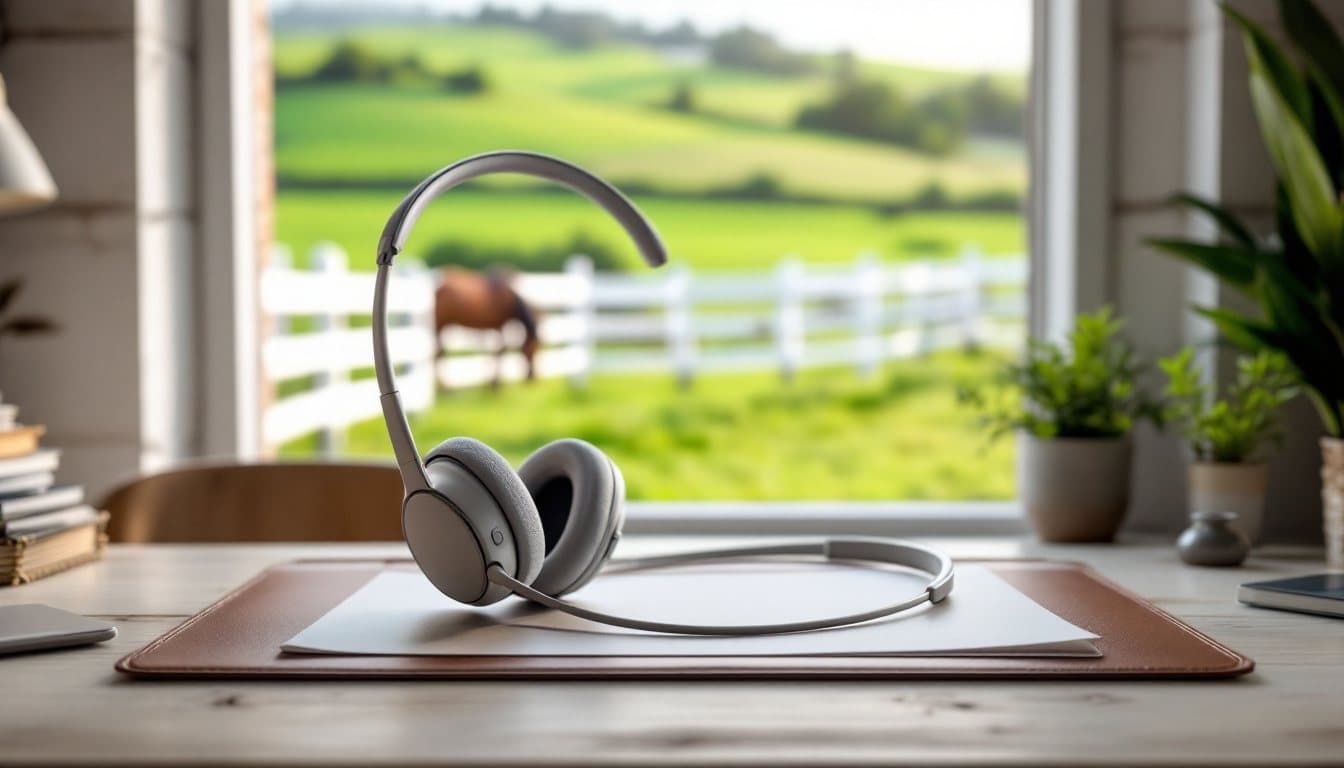 A headset on a farm office desk with white fences and green pasture outside