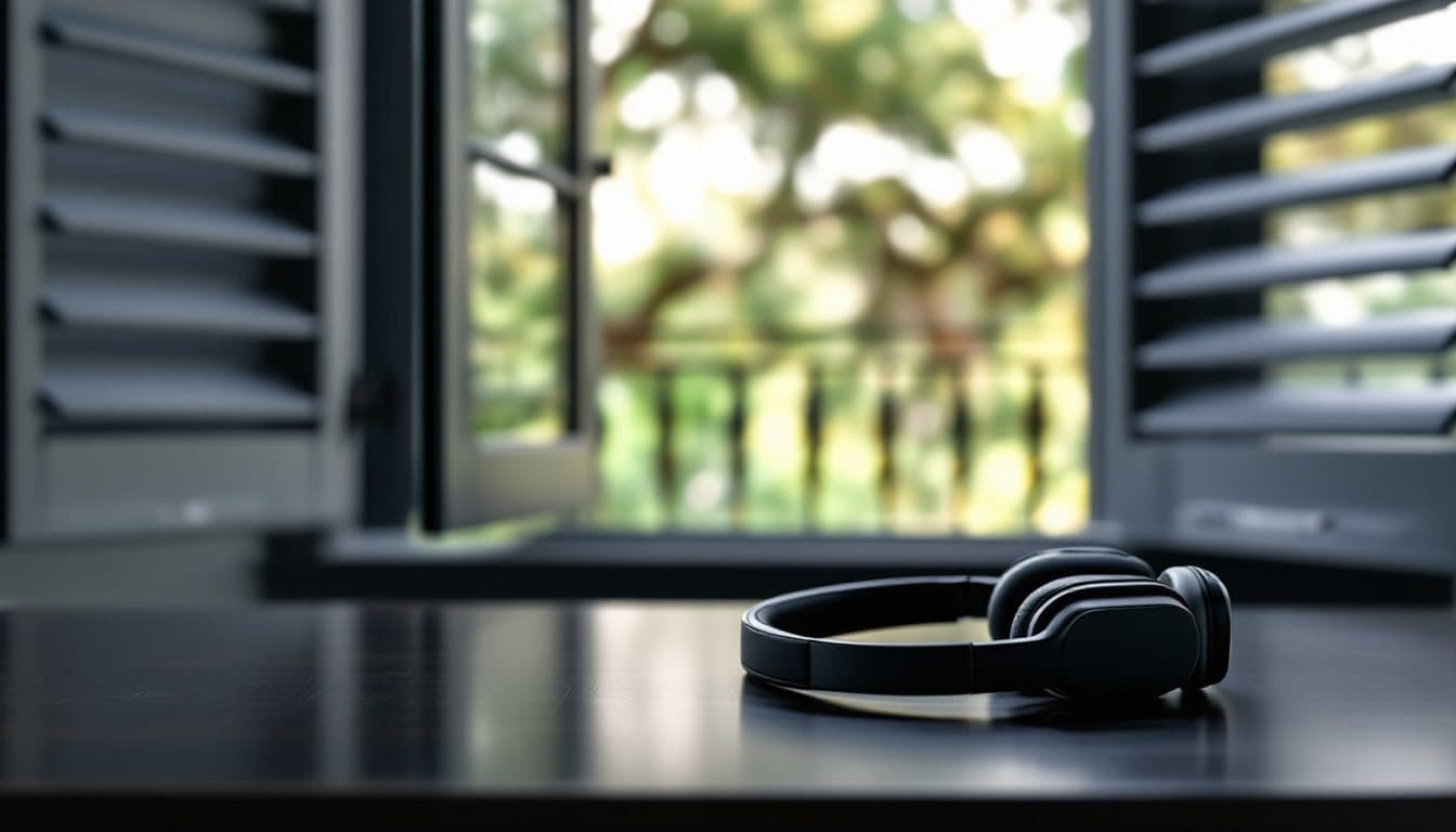 A headset on a desk by open shutters and a wrought-iron balcony with mossy live oaks outside
