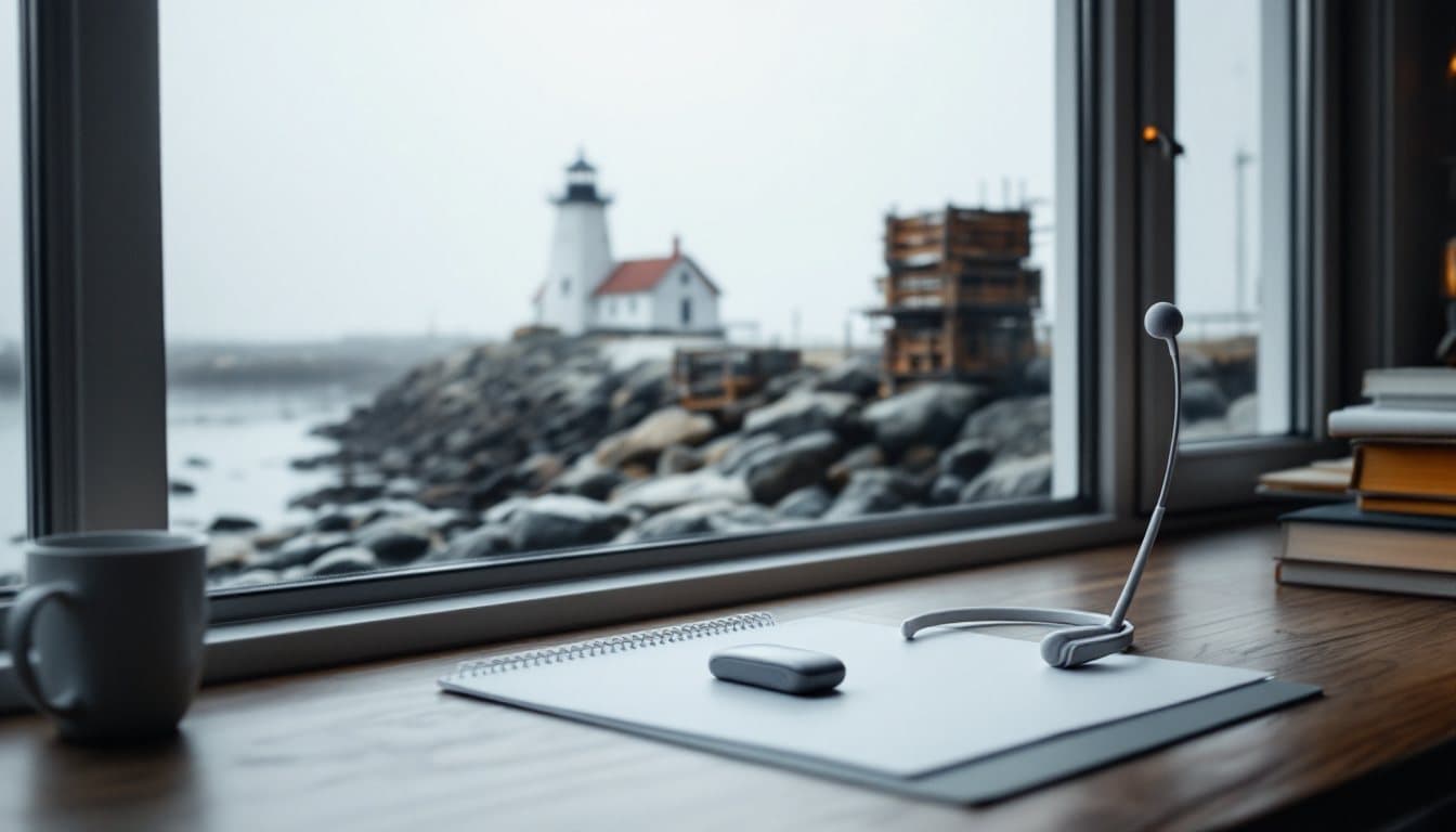 A headset on a desk with a rocky shore, a white lighthouse and lobster traps outside the window