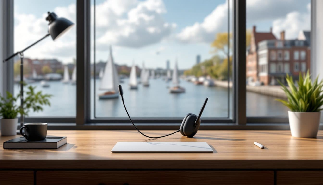 A headset on a wooden desk with sailboats on a bay and brick rowhouses outside