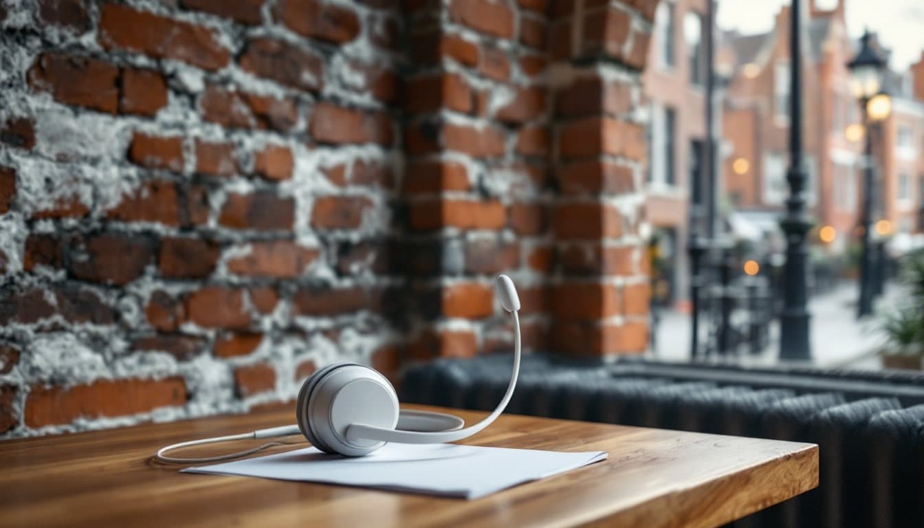 A headset on a desk by an old brick wall with a cobblestone street and brick townhouses outside