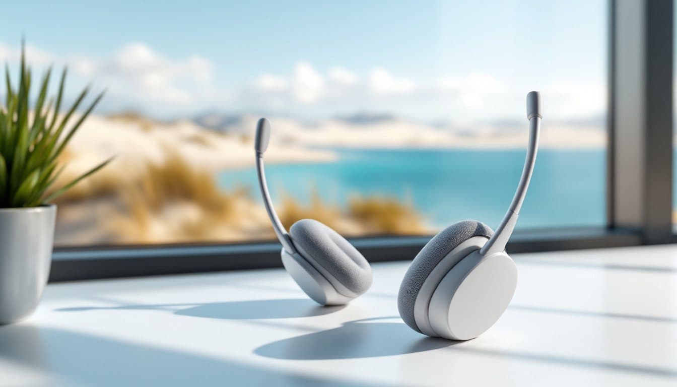 Two headsets on a white desk by a window overlooking sand dunes and a blue lake