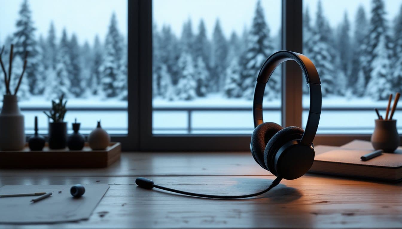A headset on a wooden desk with a snow-covered pine forest outside the window