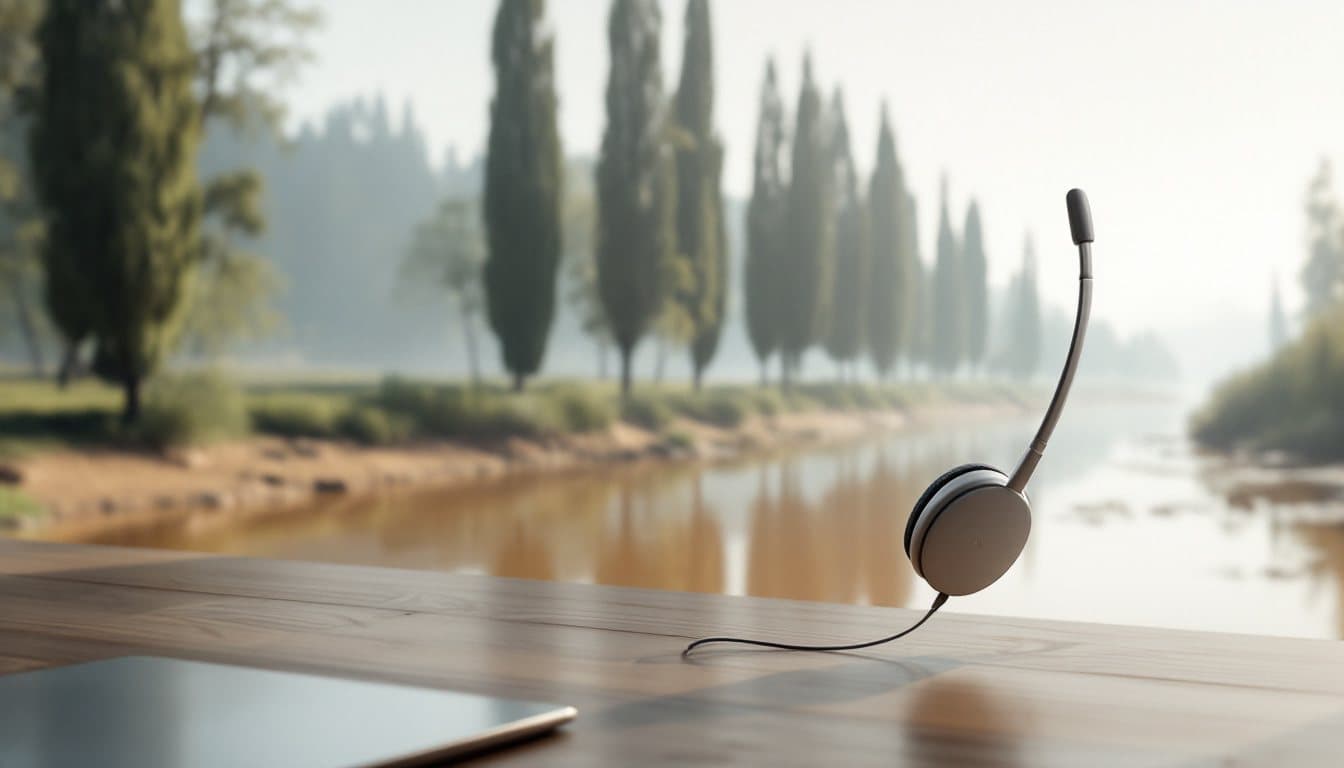 A headset on a desk with a wide brown river and cypress trees outside the window