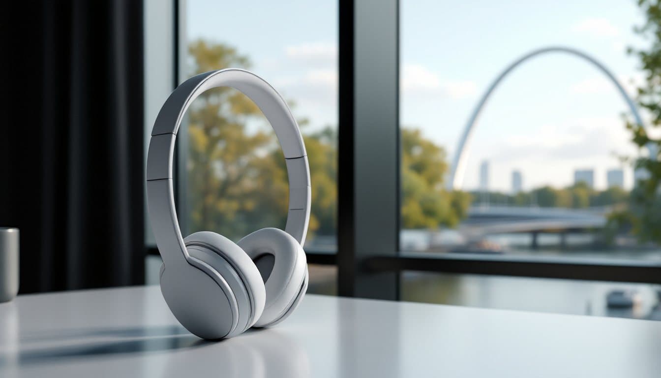 A headset on a desk with a riverfront and a tall steel arch in the distance outside the window