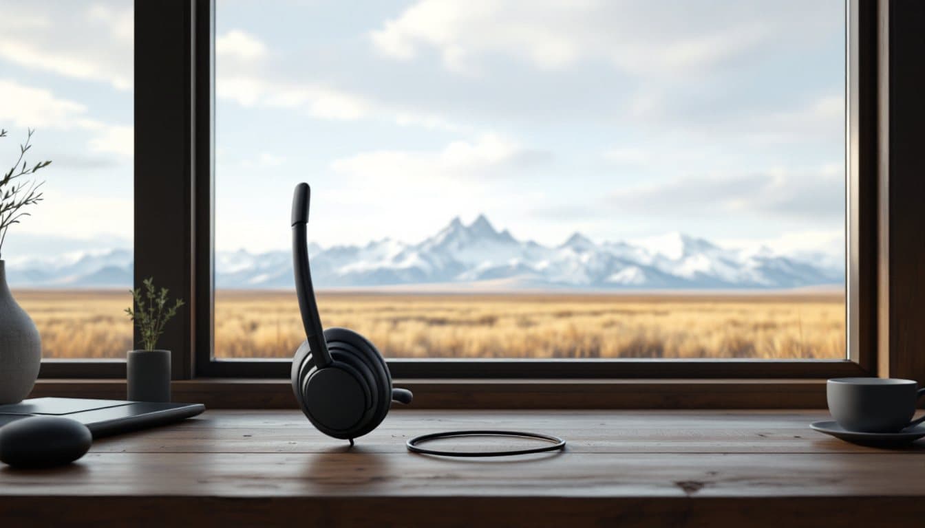 A headset on a ranch office desk with open prairie and distant snowy mountains outside