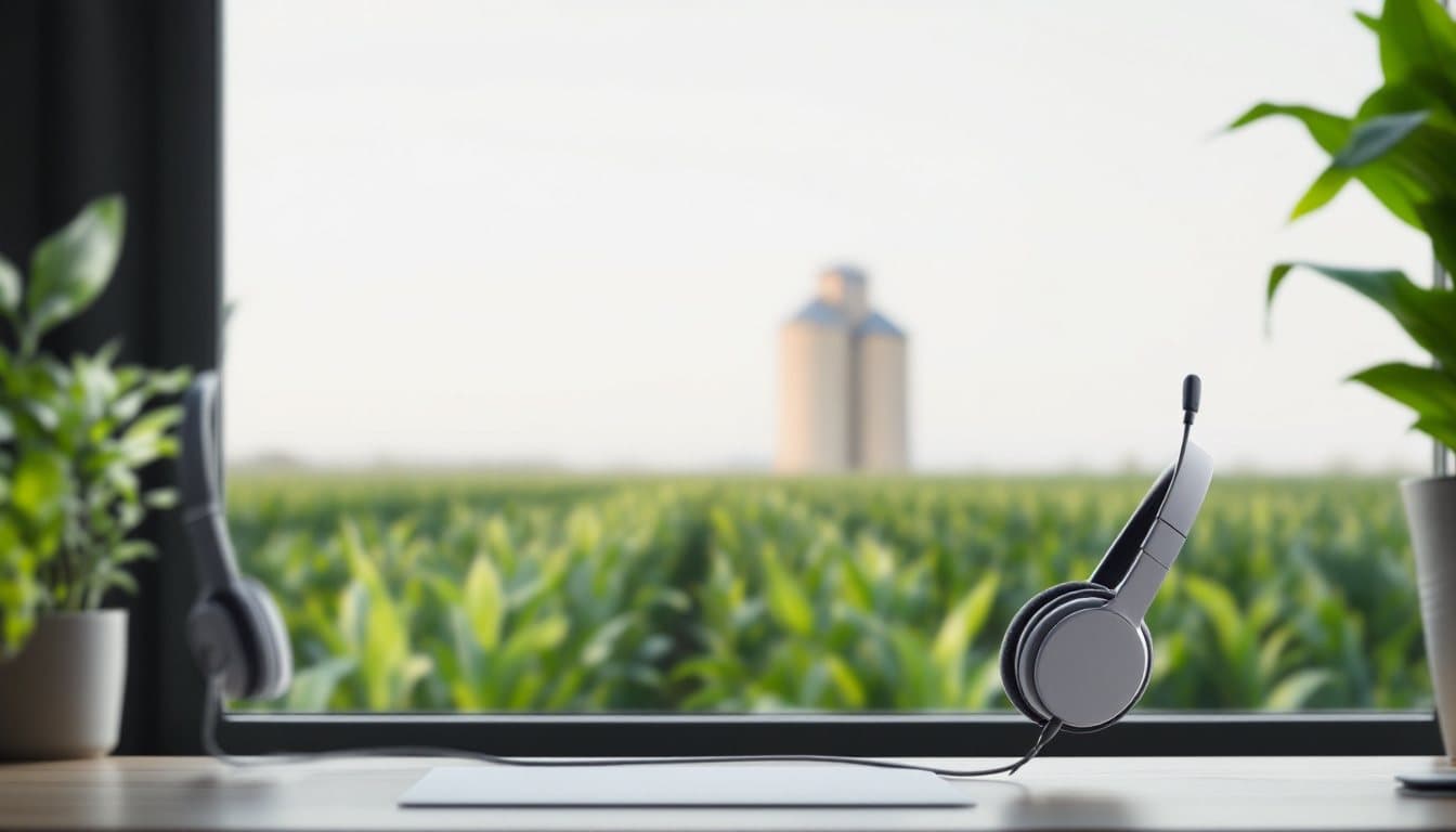 A headset on a farm office desk with cornfields and a grain elevator on the horizon