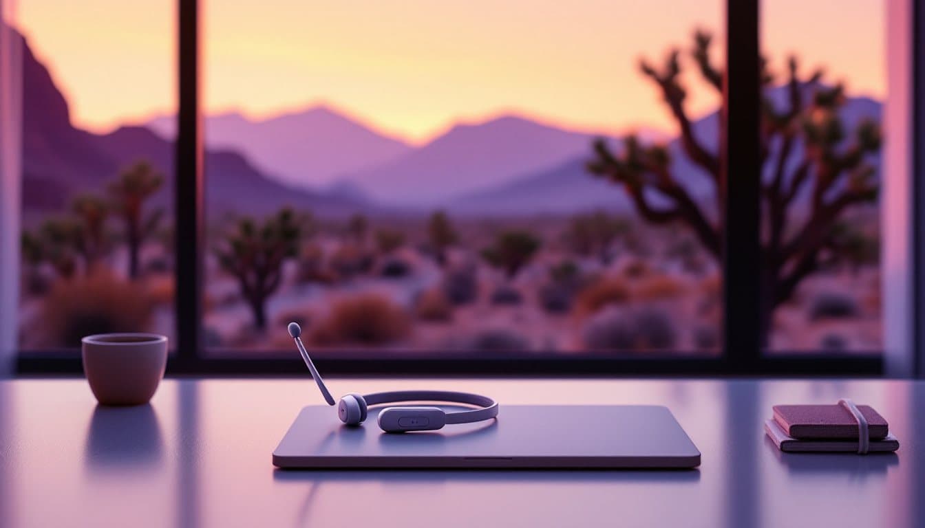 A headset on a closed laptop at dusk with Joshua trees and desert mountains outside the window