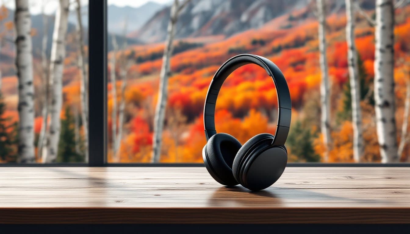 A headset on a wooden desk with white birches and autumn hills outside the window