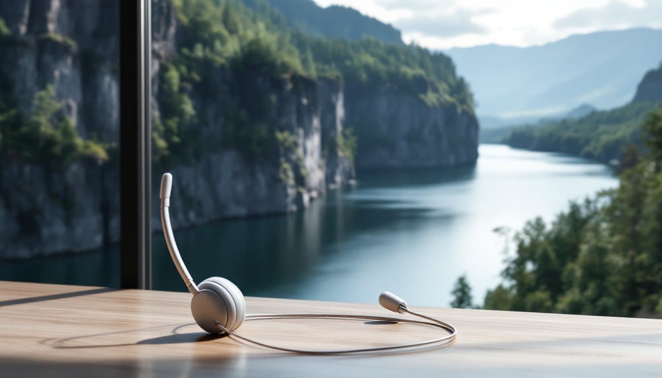 A headset on a desk overlooking a wide river with tall tree-lined cliffs on the far bank