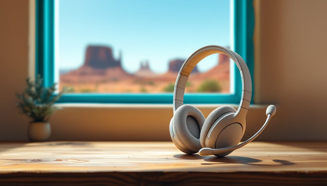 A headset on a desk by a turquoise window frame with desert mesas outside