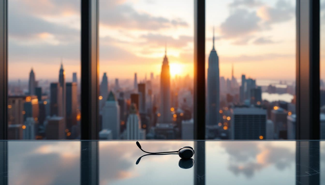 A headset on a glass desk in a high-rise office with a dense skyline at golden hour