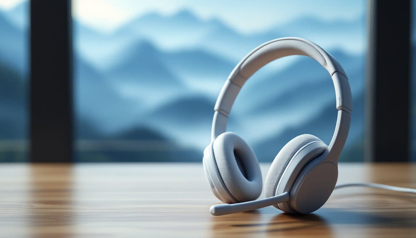A headset on a wooden desk with layers of misty blue mountain ridges outside