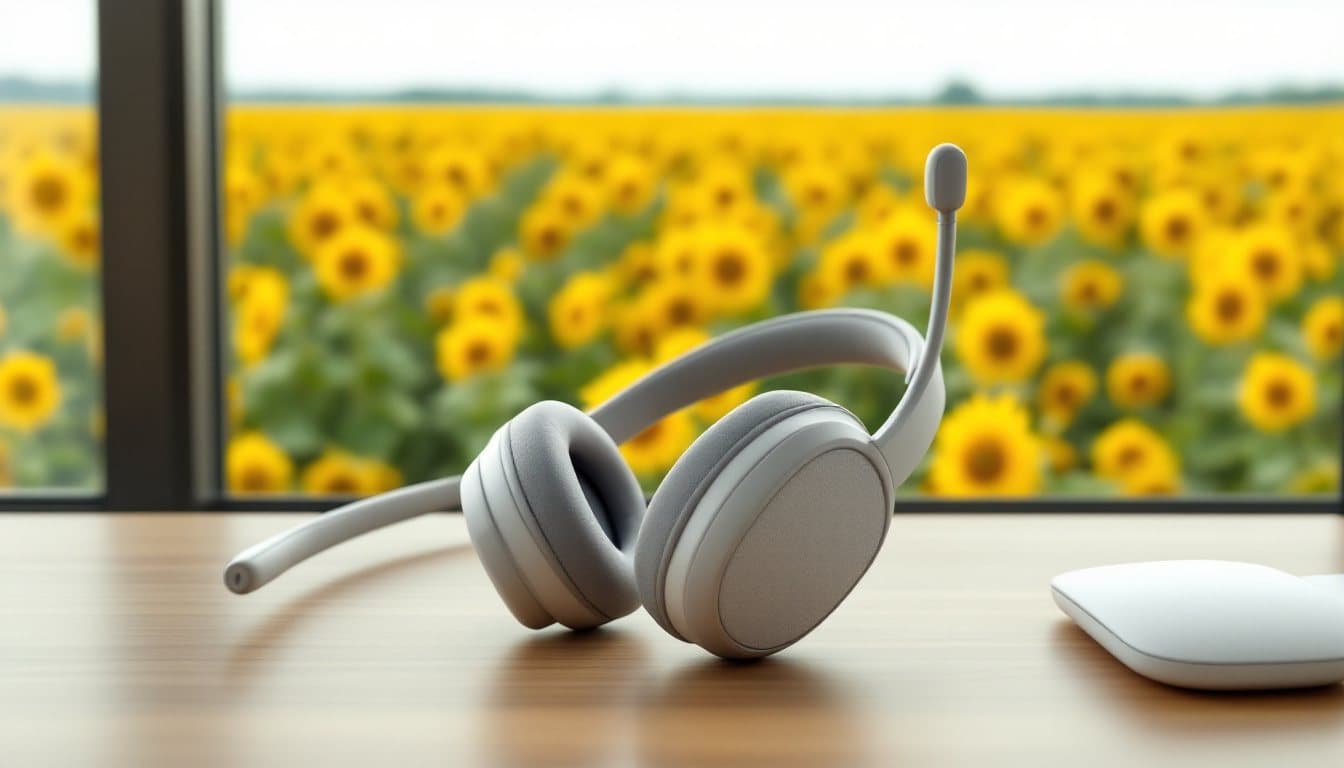 A headset on a farm office desk with a field of sunflowers outside the window