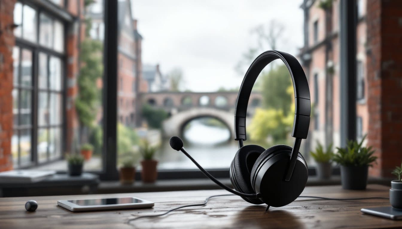 A headset on a desk in a brick factory office with a river and an old stone bridge outside