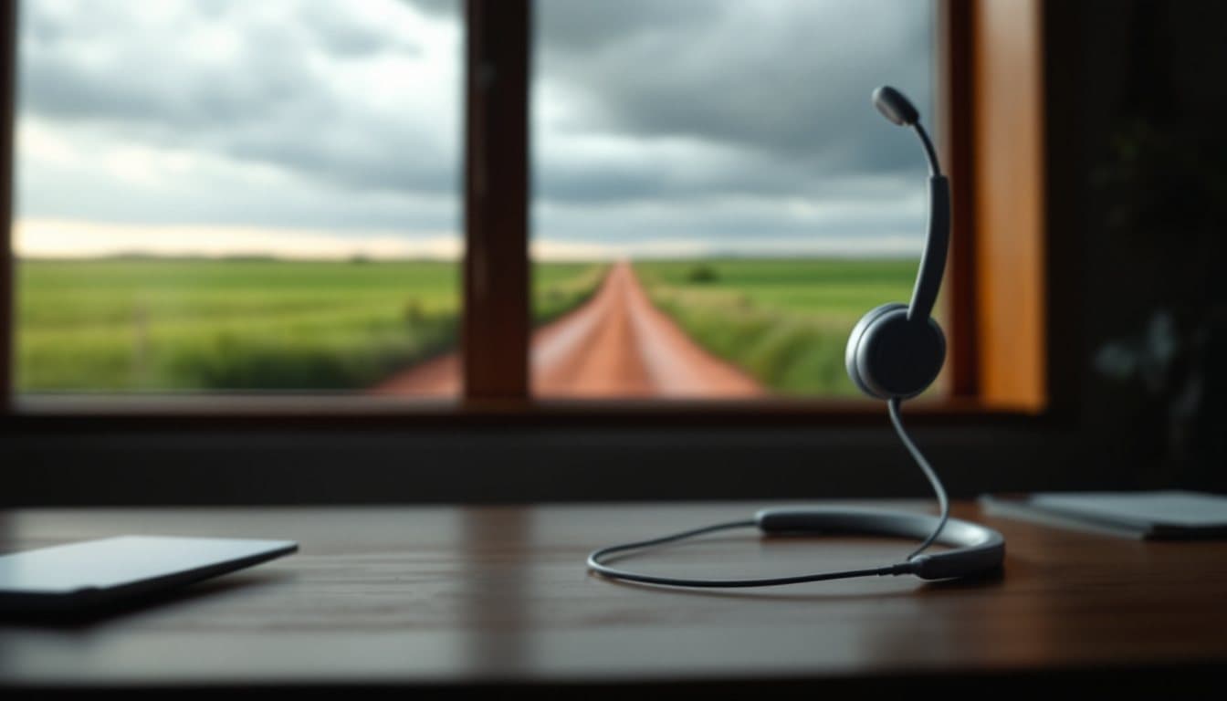 A headset on a ranch office desk with a red dirt road across green prairie outside