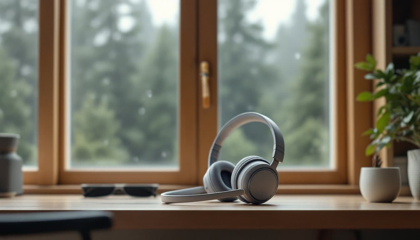 A headset on a desk in a timber office with misty evergreen forest and rain on the window
