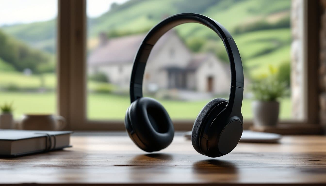 A headset on a wooden desk with green hills and a stone farmhouse outside the window