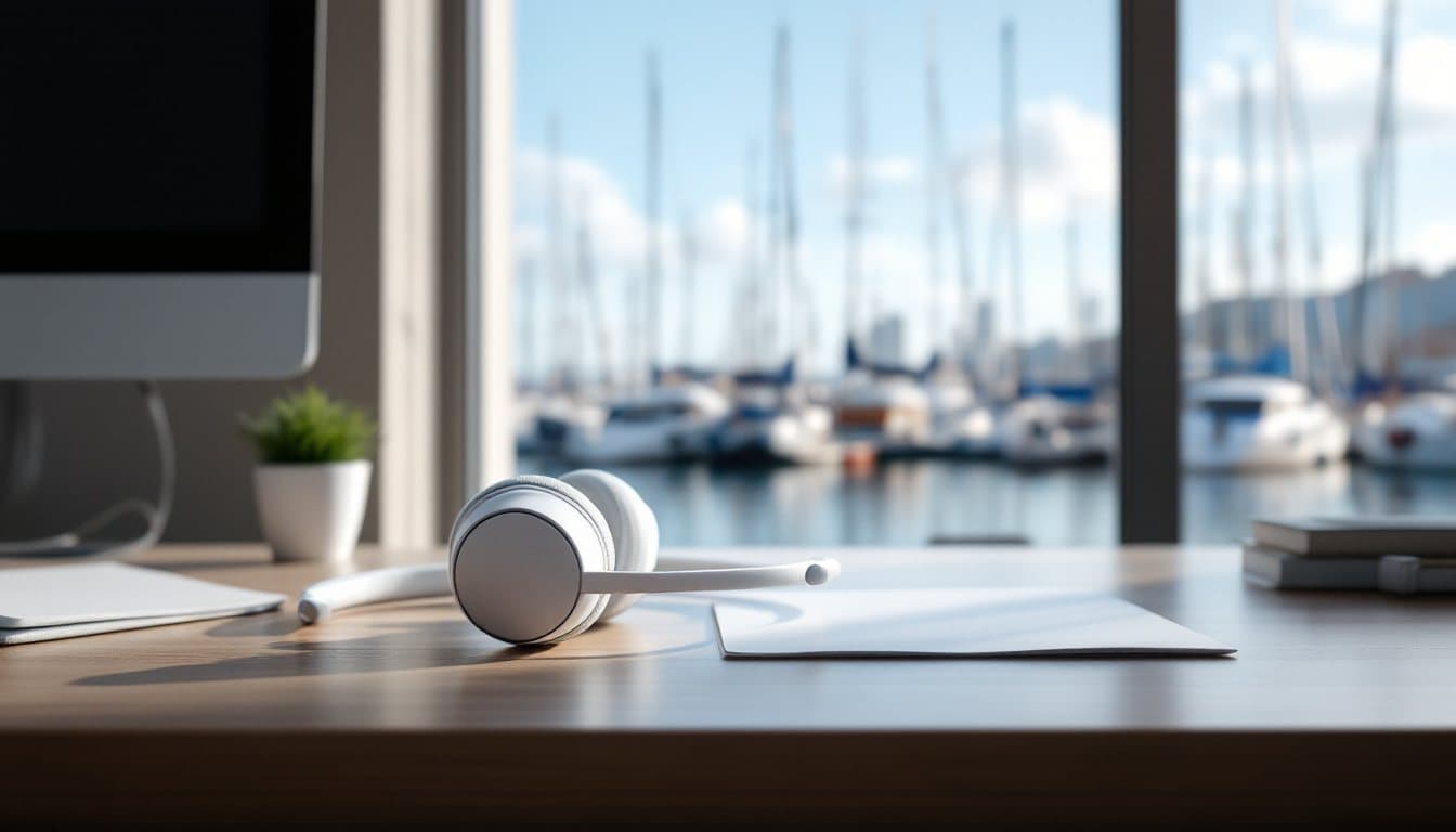 A headset on a desk with small sailboats moored in a calm marina outside the window