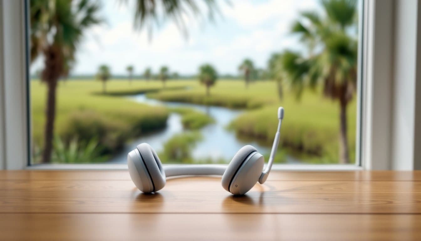A headset on a desk with palmetto trees and a salt marsh creek outside the window