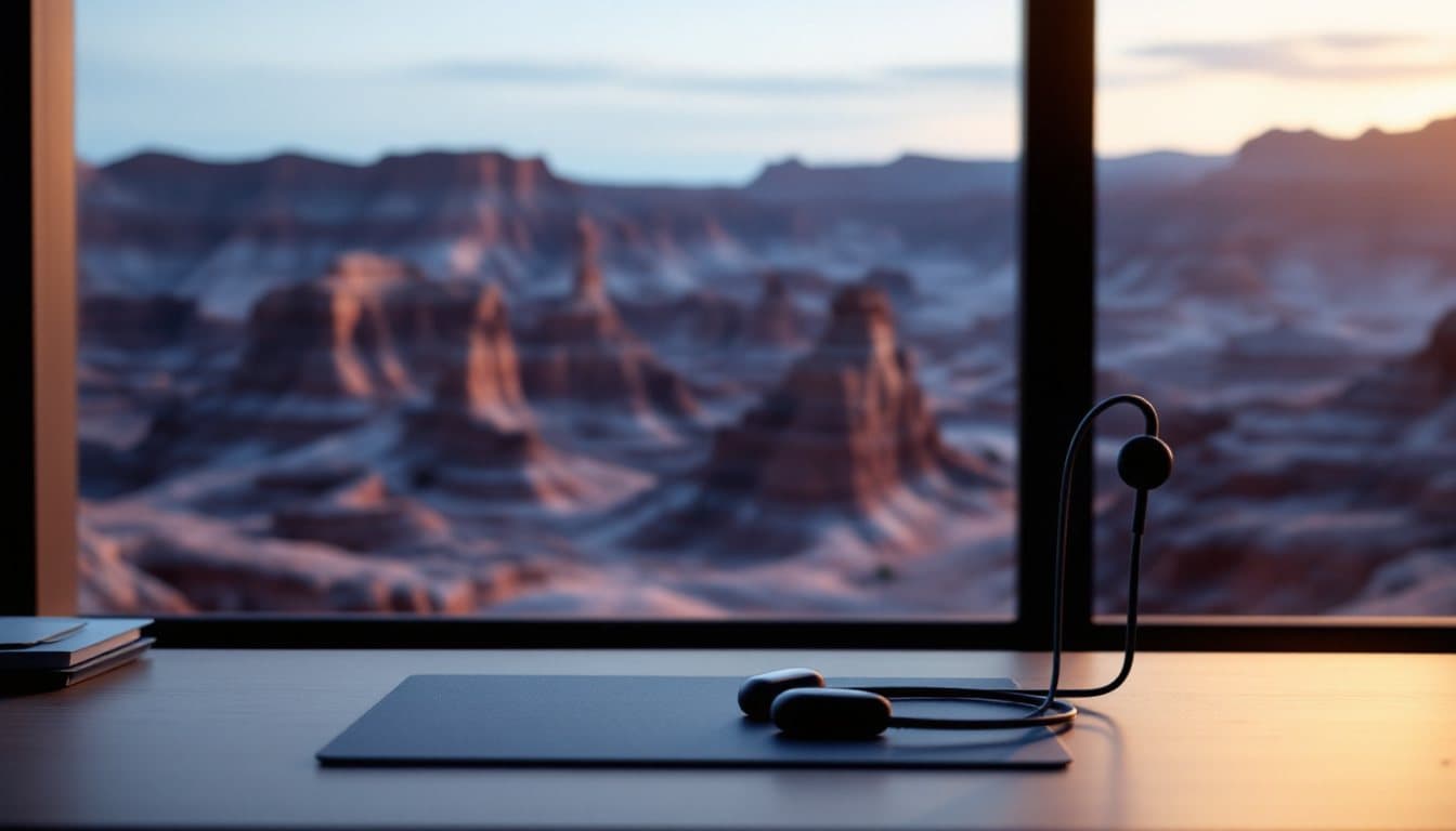 A headset on a desk with striped badlands rock formations outside the window