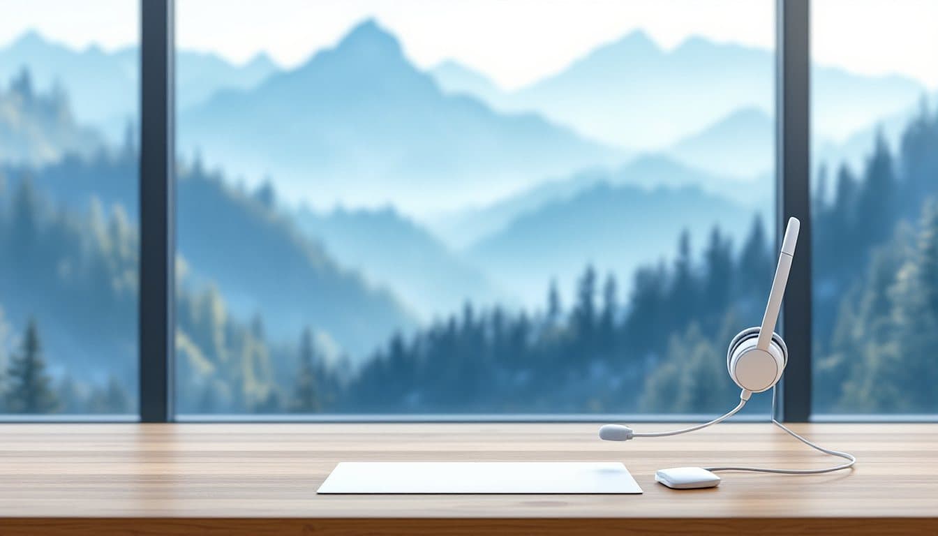 A headset on a wooden desk with hazy blue forested mountains outside the window