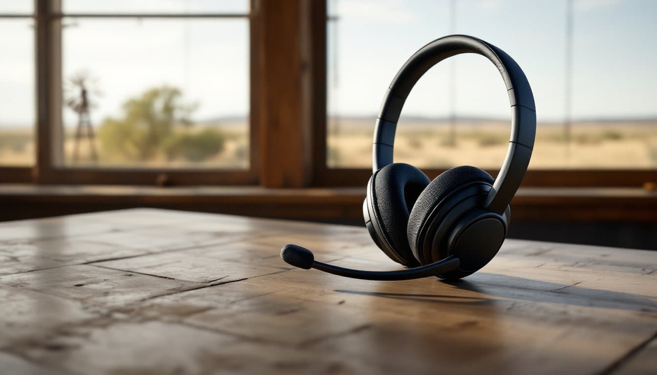 A headset on a wooden counter with ranch land, mesquite trees and a windmill outside