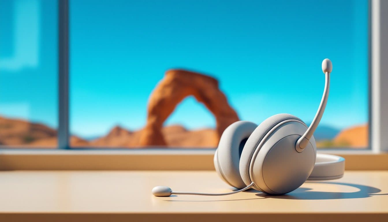 A headset on a desk with a red sandstone arch against a blue sky outside the window