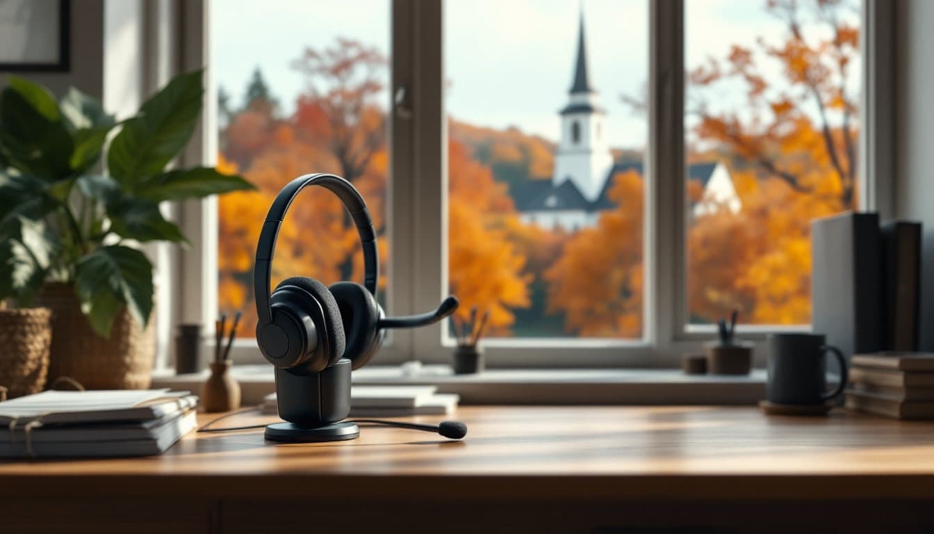 A headset on a wooden desk with bright fall maples and a white steeple outside