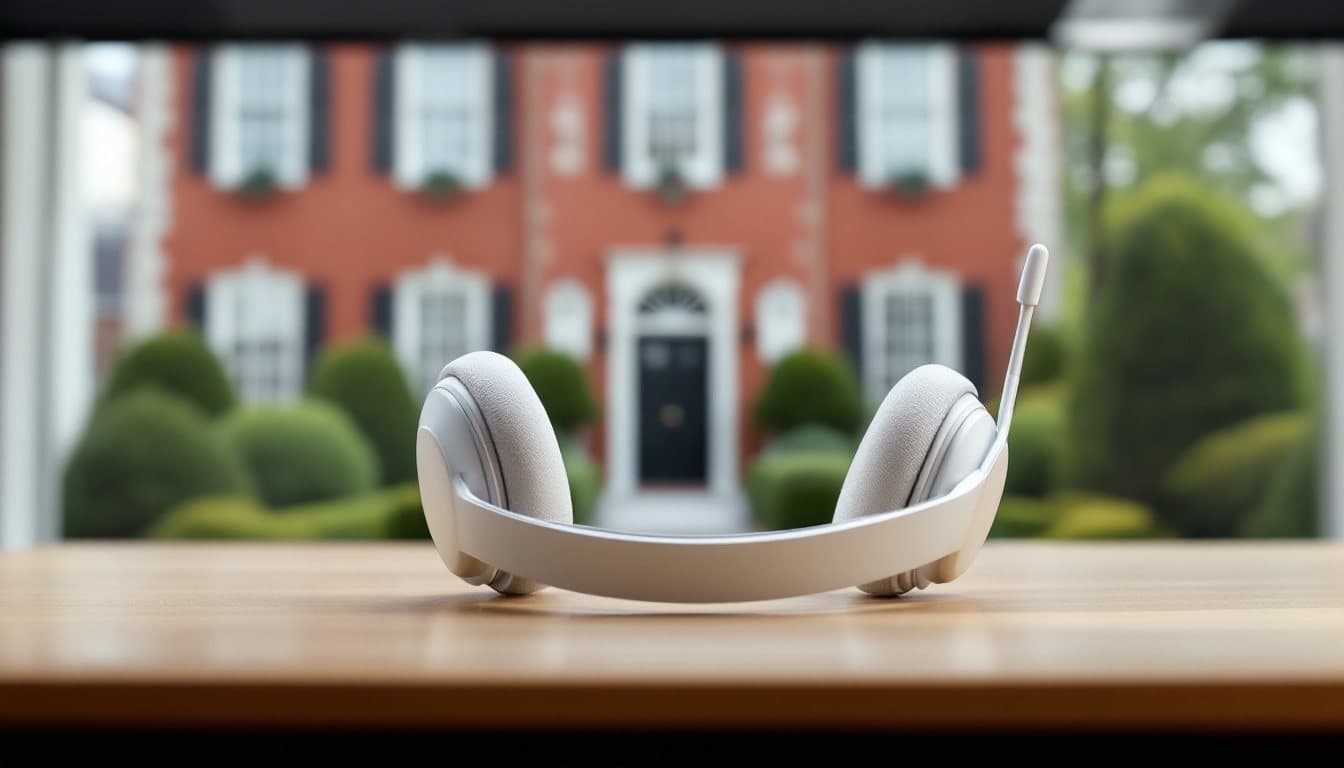 A headset on a colonial desk with a red brick building and boxwood hedges outside