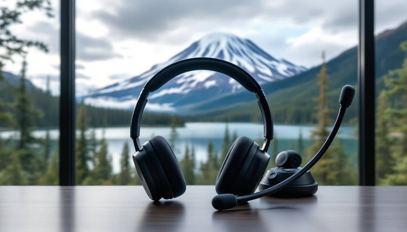 A headset on a desk with evergreen hills, calm water and a snow-capped volcano outside