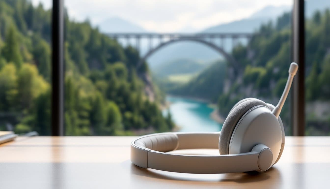 A headset on a desk with a forested river gorge and a steel arch bridge outside
