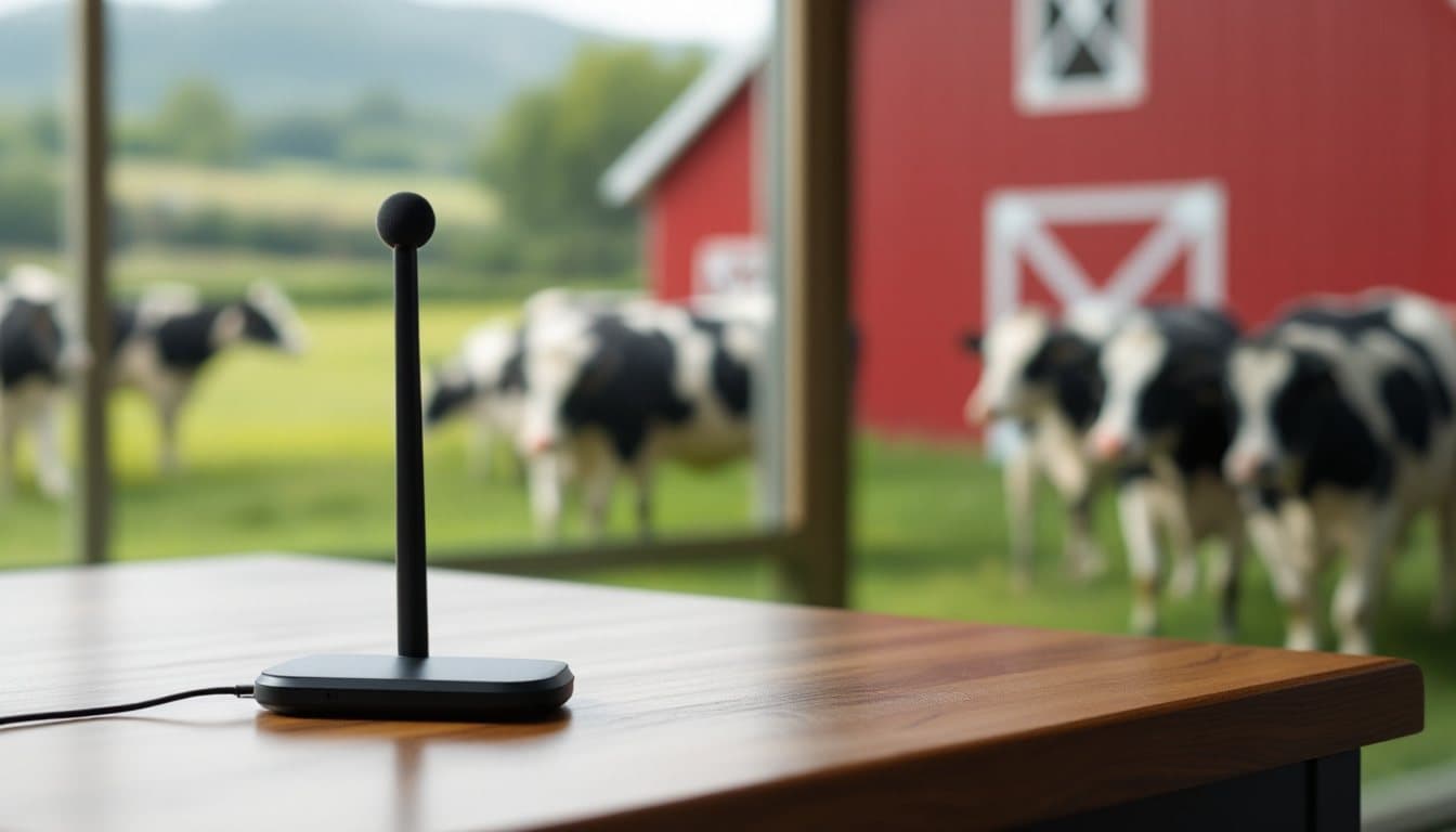 A desk microphone on a wooden desk with a red barn and dairy cows on green pasture outside