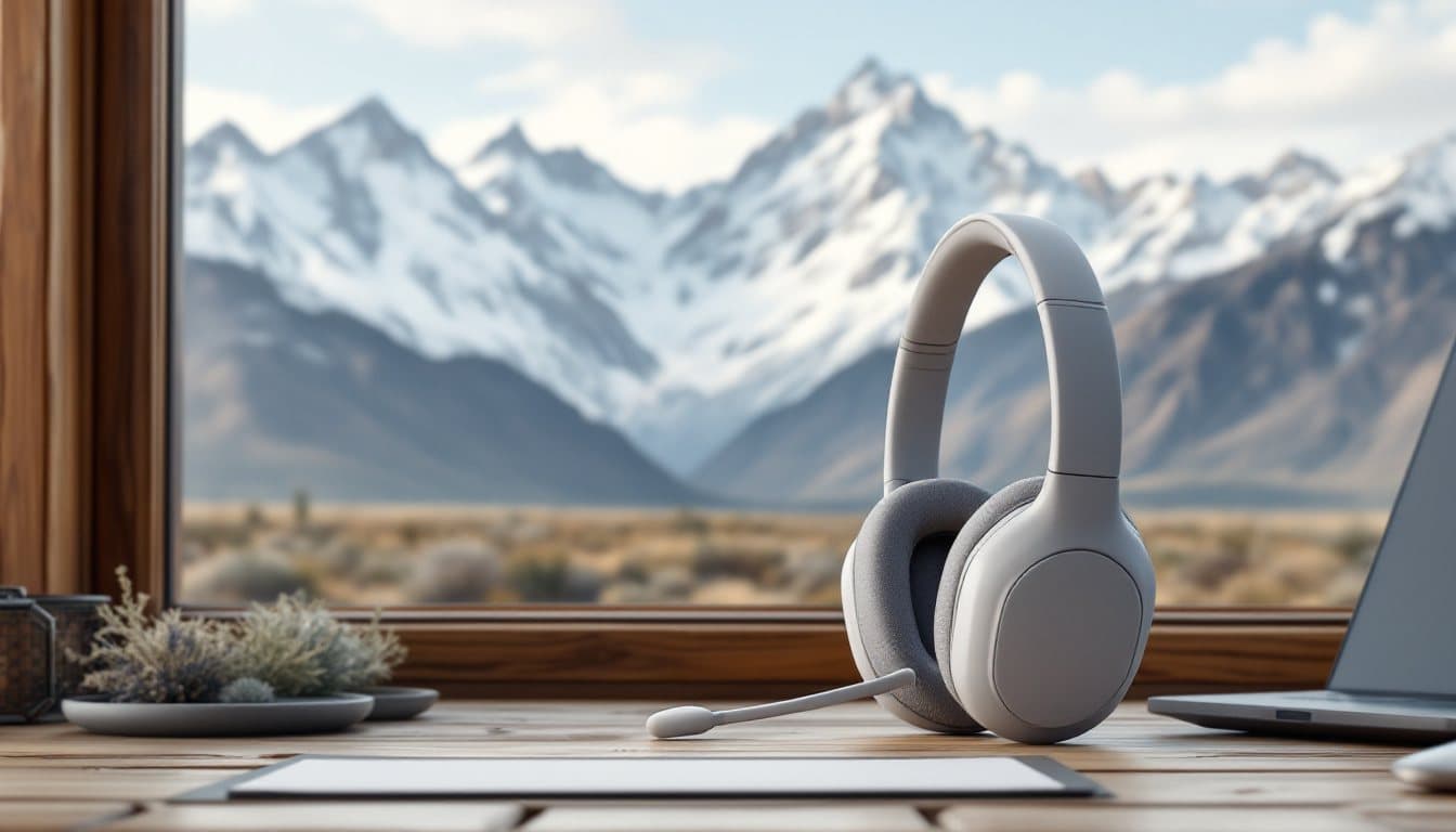 A headset on a ranch office desk with jagged snowy peaks above sagebrush flats outside